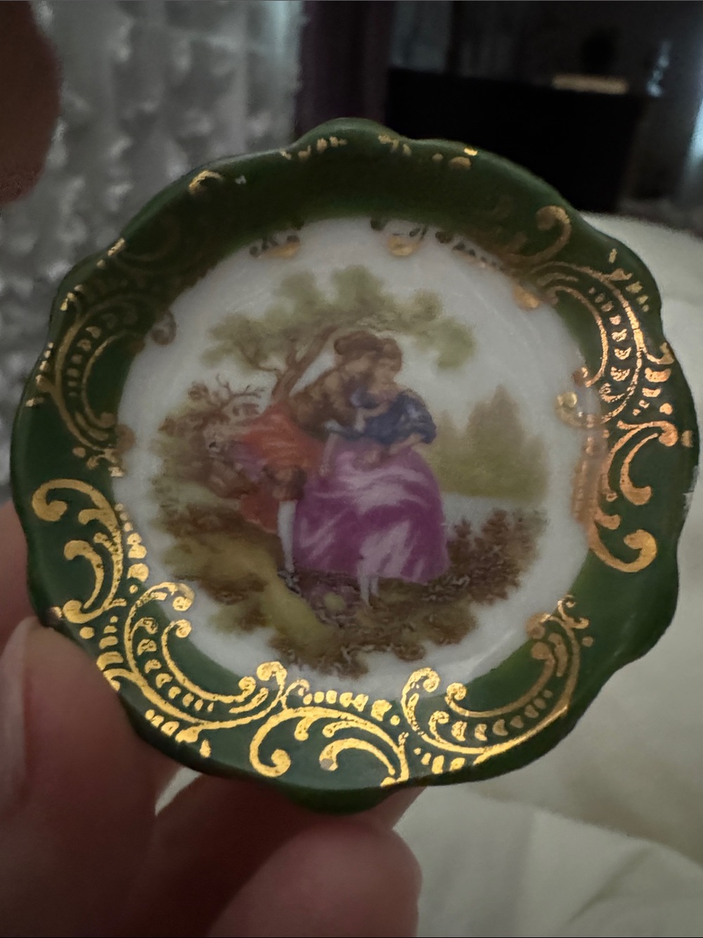 Limoges Green and Gold Mini Decorative Plate with Romantic Scene